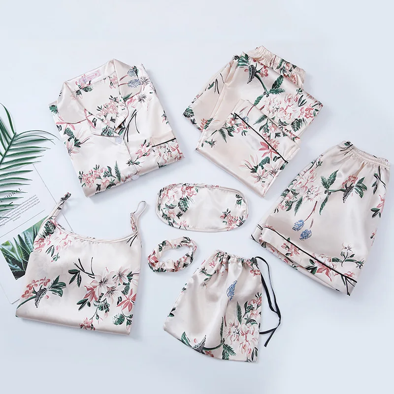 Print Flower Pajamas Seven Piece Set Spring Summer Lounge Wear Female Sleepwear Trouser Suits Loose Casual Satin Home Clothes