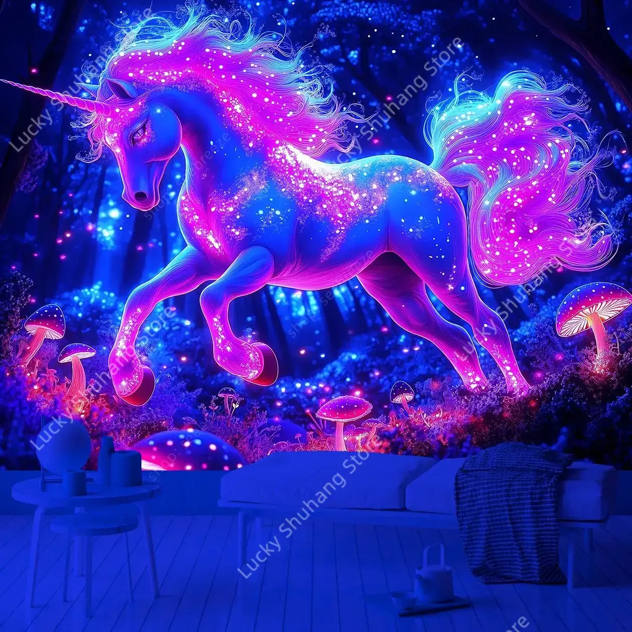 Lebhafter magischer Einhorn-UV-Wandteppich, Fantasie-Wandbehang, Schlafzimmer-Dekoration, Boho-Chic, Wohnzimmer-Kunst, lebendige Farben, perfektes Geschenk für