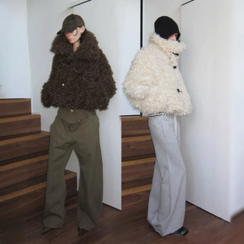  Studio Autumn Winter ort Suede Inner Eco-Friendly Fur Coat Women's Large Collar Button up Jaet Street Sle Loose Fit