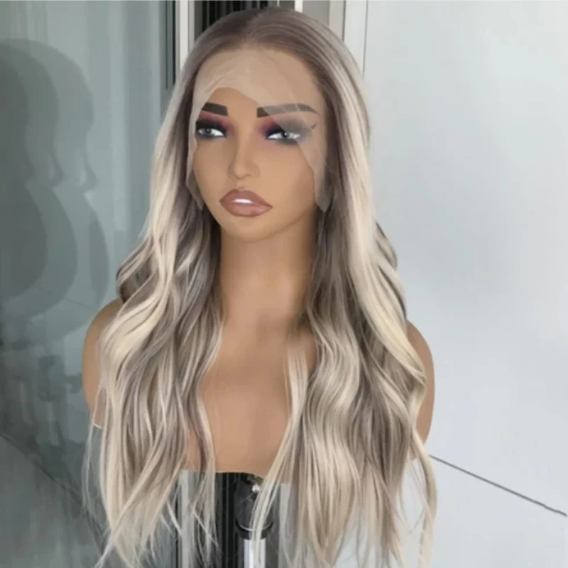 

Synthetic Lace Front Wig Blonde Mix Platinum Wig Dark Root Synthetic Glueless Wig Long Body Wave High Quality Natural Lace Wig