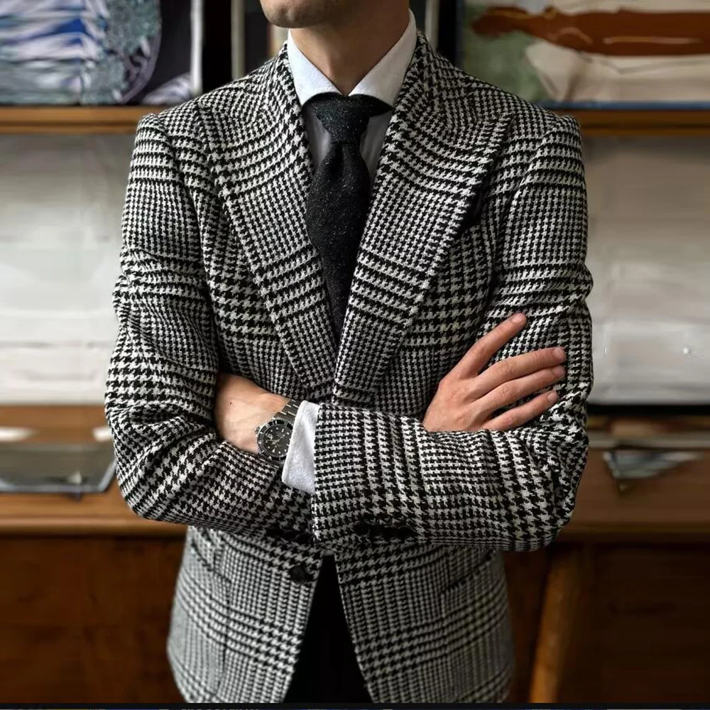 

Классические серые костюмы с узором «гусиные лапки», мужские приталенные костюмы из 2 предметов для торжественных случаев, деловая вечеринка, однобортный пиджак, наряд для жениха, смокинг