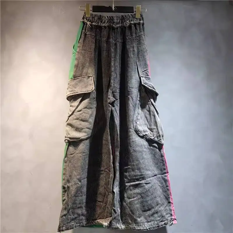 ANJY 2026 Spring Autumn New Women Personalized Trendy Washed Vintage Color-Block Tide Jeans Streetwear Chic Cargo Pockets A19565