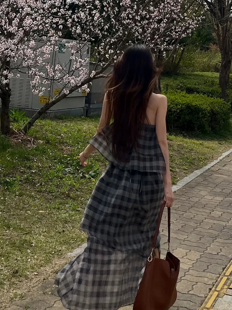 Schicker karierter Träger Dr. Damen-Sommer-Asymmetrisches Design Lang Dr. Casual Sle Ele Classy Maxi Dr von Dongda Gate