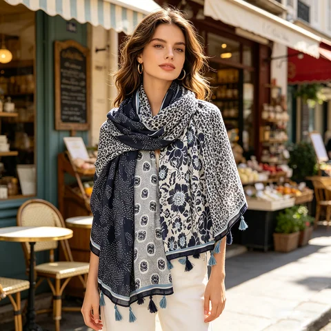 Women's Patchwork Floral Tassel Scarf, Navy Spliced Flower Printed Long Shawl 180x88cm Casual Neck Wrap