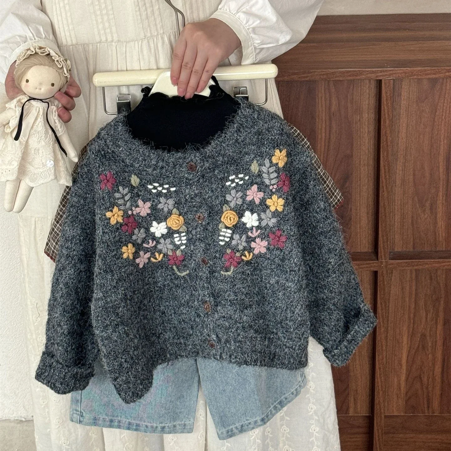 

2-8Y Child Knits Tops Thermal Cashmere Sweater for Girl Kids Autumn Winter One Breasted Embroidery Flower Knitting Cardigan Coat