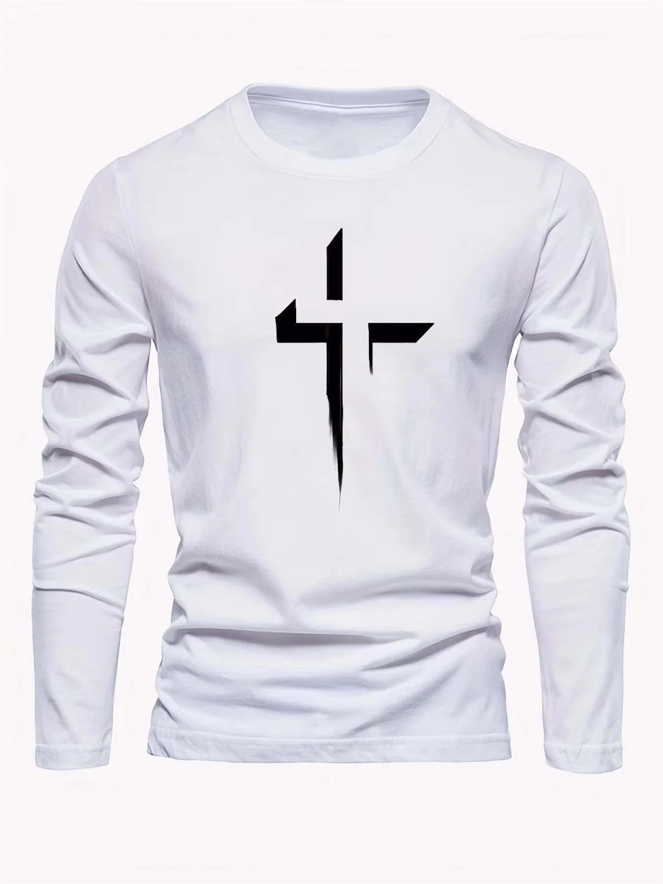 

Мужская повседневная универсальная свободная посадка больших размеров, удобная повседневная модная спортивная футболка с перекрестным принтом и круглым вырезом, топ с длинными рукавами