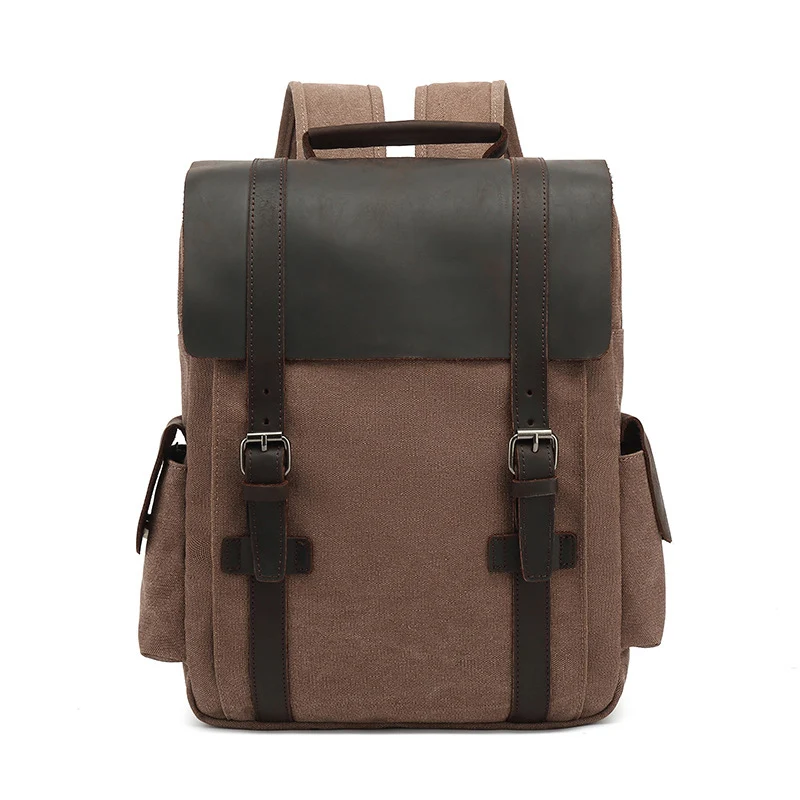 Laptop Rucksack Water Resistant Daypack with Adjustable Buckle Straps Vintage Canvas Backpack with Crazy Horse Leather Flap