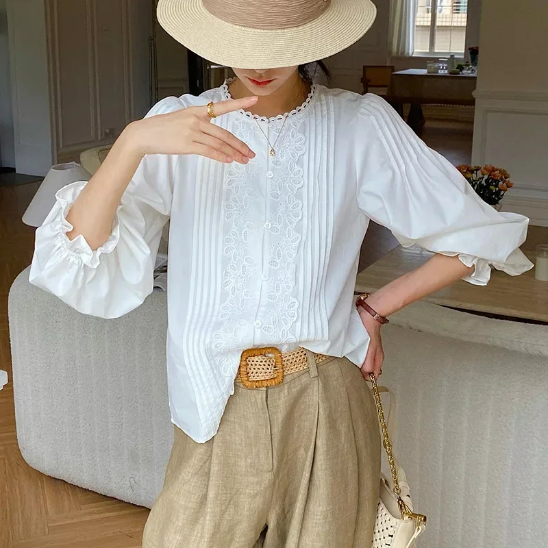 WildPinky 2025 Spring White Lace Front Blouse Lantern Sleeve Hollow Out Embroidered Flowers Shirt French Style Women Clothing
