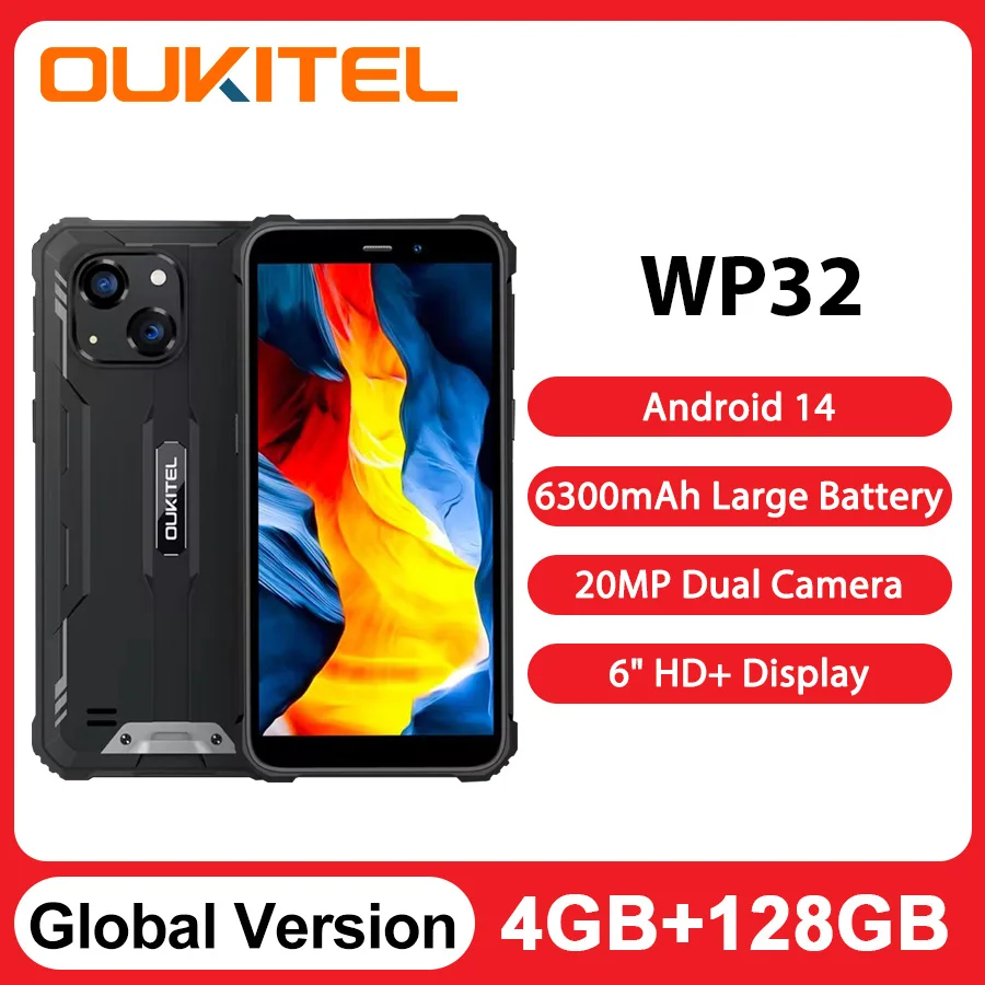 OUKITE WP32 견고한 기계 스마트폰, 글로벌 버전, 5.93 인치 HD, 안드로이드 13, 4GB, 128GB, 20MP 듀얼 카메라 휴대폰, 6300mAh