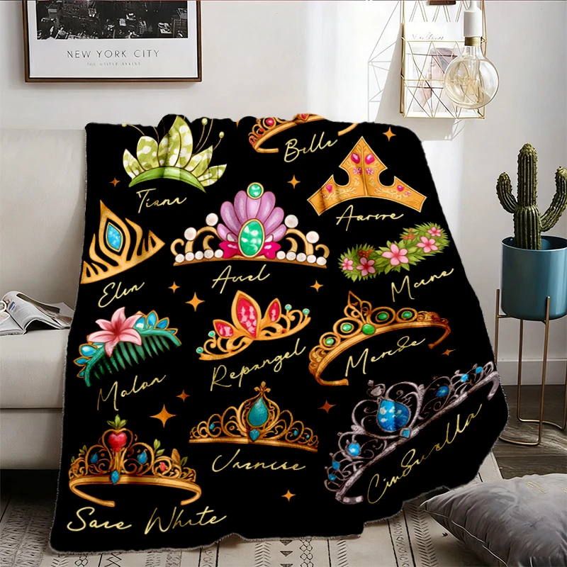 Retro Princess Crown Flannel Throw - White Belle Warm Blanket - Trip Cozy Blanket -Magic Princess Vacation Soft Blanket