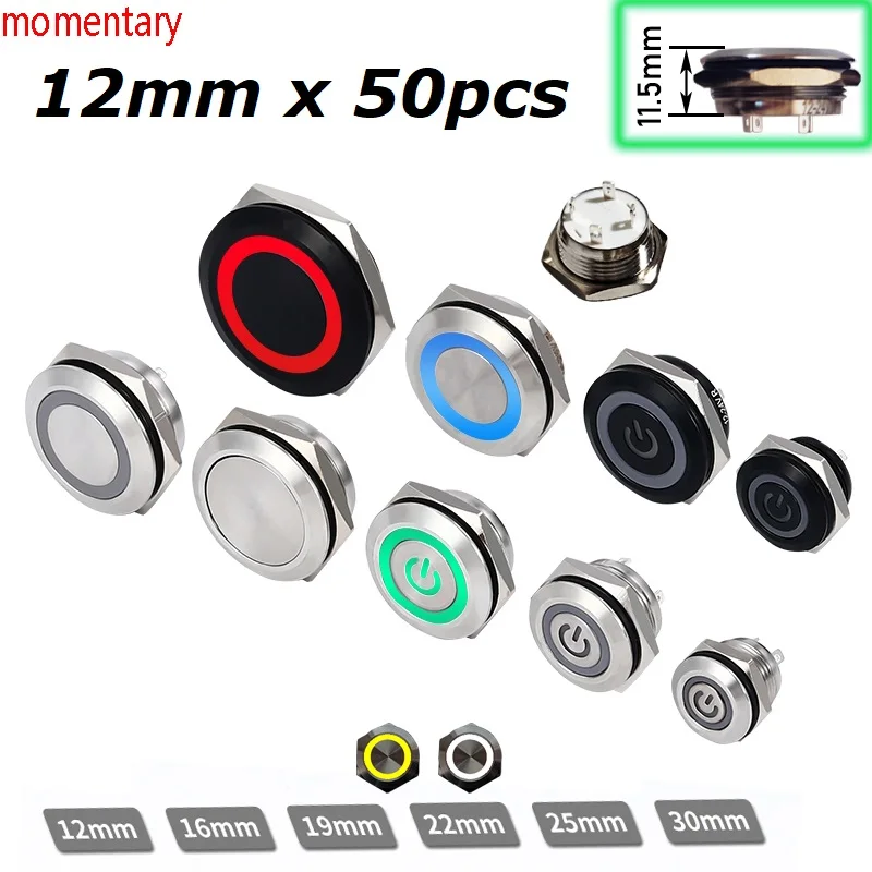 50pcs/box 12mm Dashboard Button Tiny Short Black Silver Metal Button Switch LED 3V/6V/12V/24V Momentary Not Fixed Machine Panel