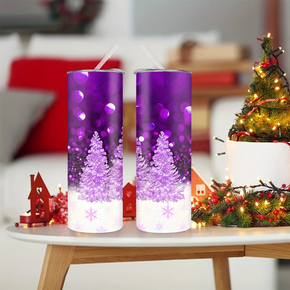 1pc 20oz Christmas Purple Christmas Tree with Snowflake Straight-Stem Water Bottle, Stainless Steel Insulated Hot and Cold Tumbler, Suitable for Coffee, Milk, Beer, and Beverages for Christmas Parties, New Year's Gift with Straw