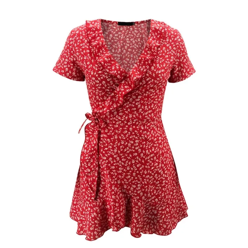Boho Floral Skirt Print Ruffles Women Dress Summer Sexy V Neck Short SleeveA-Line Dress Mini Dresses Beach Sundress