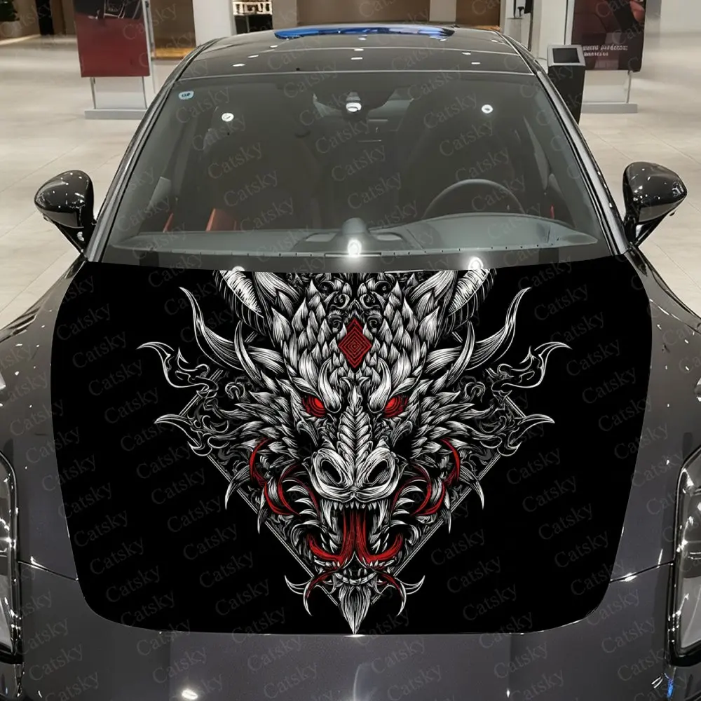

Виниловая пленка для автомобиля с изображением головы мистического серебряного дракона, водонепроницаемая наклейка на капот автомобиля из ПВХ, самоклеящиеся устойчивые к царапинам наклейки