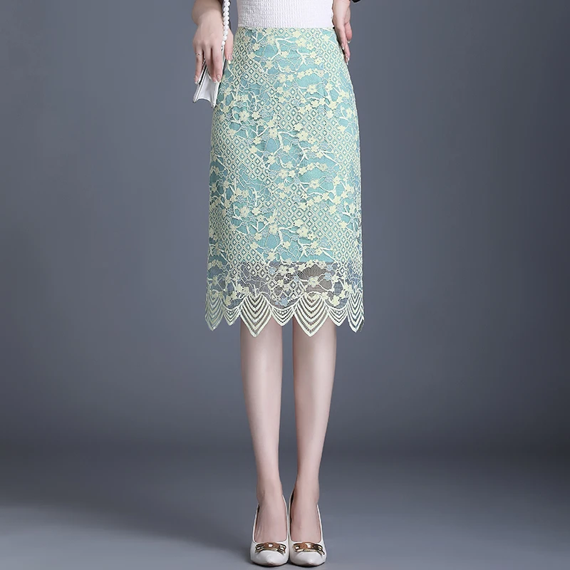 High Waist Skirt Women Elegant Office Pencil Skirts Korean Style Prairie Chic Mesh Embroidery Lace Skirt