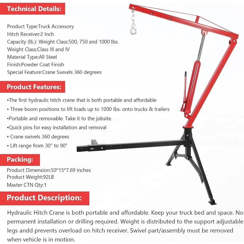 Hitch Mount Truck Crane 1000 Lbs Capacity 360° Rotation Safety Stability Easy Installation Versatile Lifting Operations Enhanced