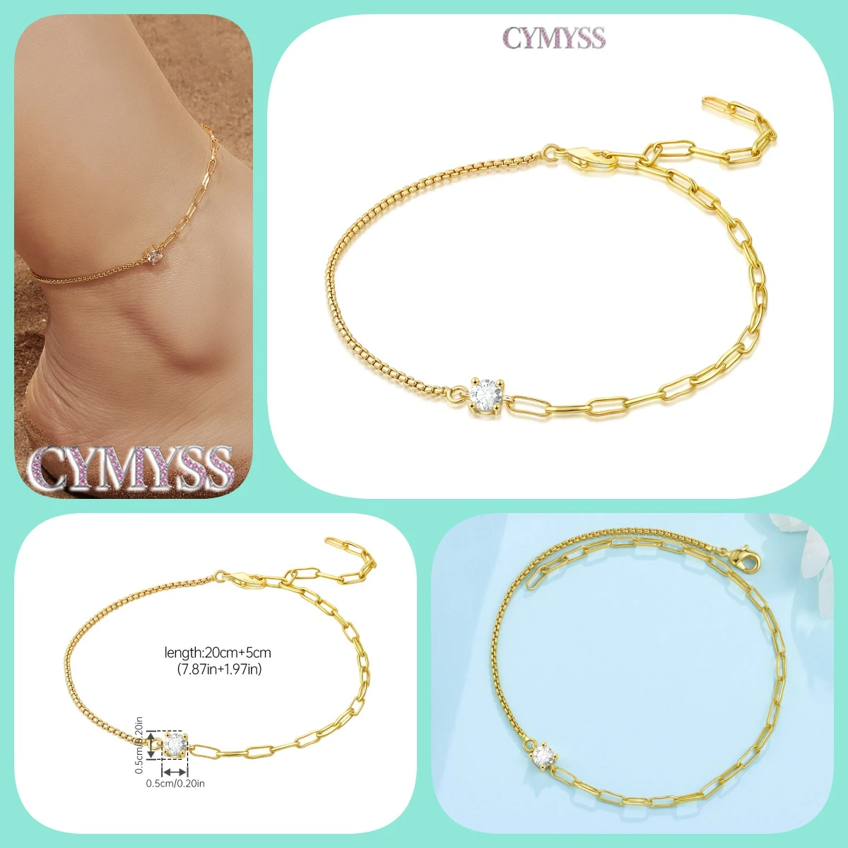 Women's 925 Silver Zircon Anklet, Gold Color