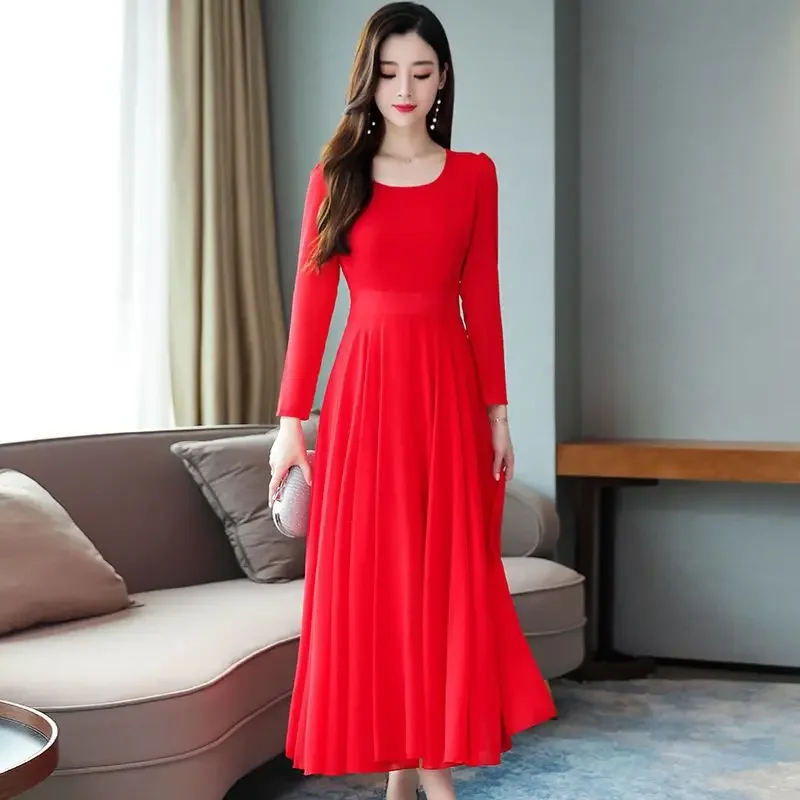 Double-layer dancing long dress temperament thin dress women's chiffon beach big swing thin large size medium and long skirt