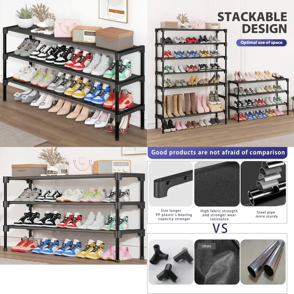 

3-х уровневая полка для обуви, штабелируемая длинная полка для хранения обуви для шкафа, прихожей, гаража, регулируемая полка для обуви, компактная обувь