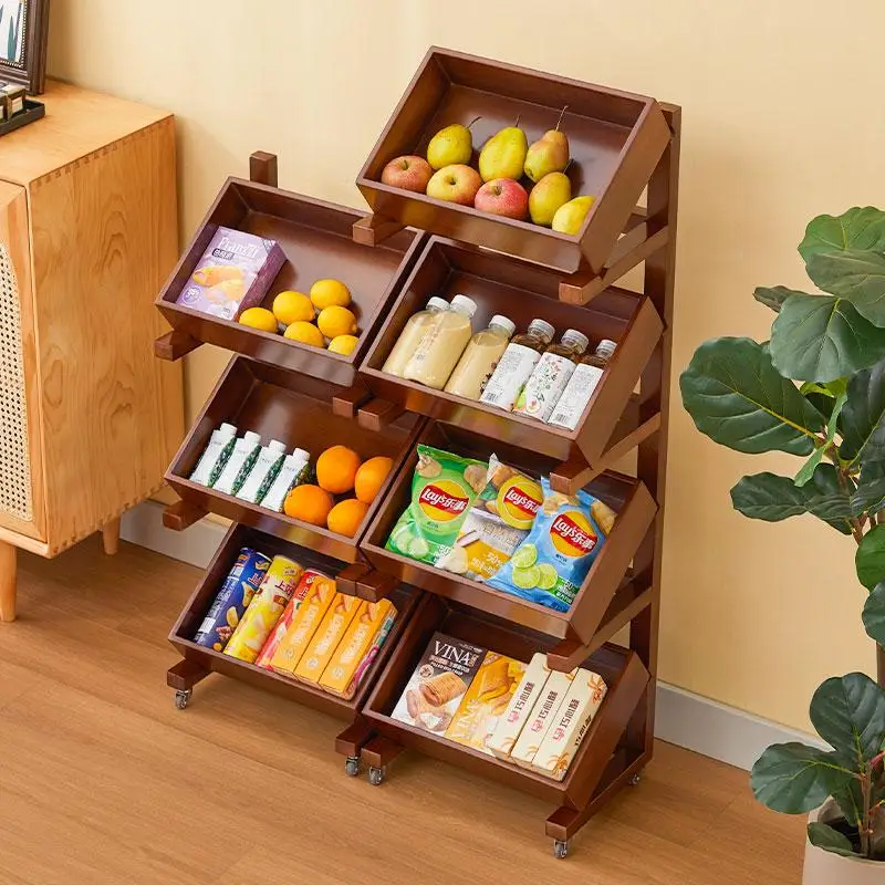 

Kitchen vegetable rack with wheel fruit and vegetable storage basket solid wood multi-layer sundries living room