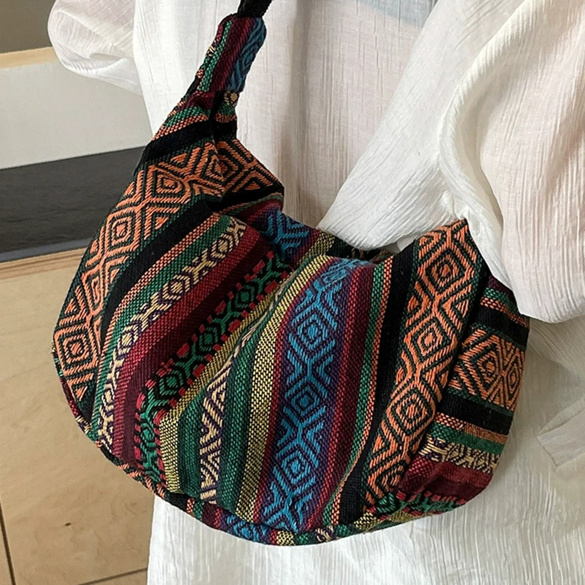 

Сумка через плечо в этническом стиле, складная сумка через плечо с застежкой-молнией, полосатый узор, подкладка с изображением флага, которую можно стирать вручную по краям
