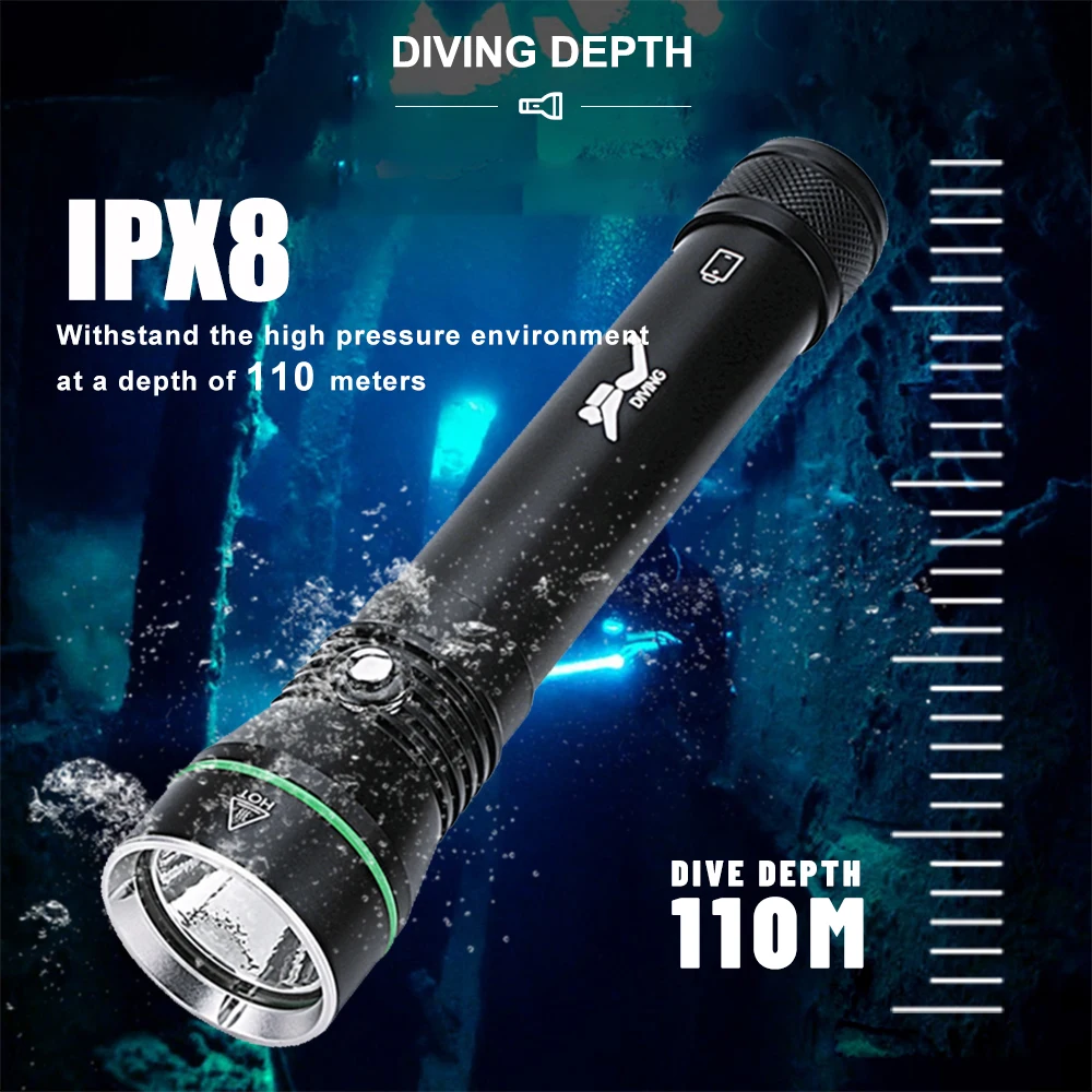 Asafee 110M Underwater Diving Flashlight P50 LED 2000LM SOS Waterprood Torch Press Switch Scuba Lamp Outdoor Exploration