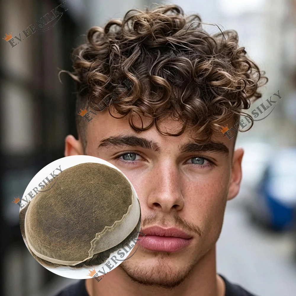 20mm Lockiges Herren-Toupet mit natürlichem Haaransatz Q6 Swiss Lace&PU 100% Echthaar 18 # 22R Aschblond Braun 1B40 Grau Atmungsaktives Haarteil – Detail 1