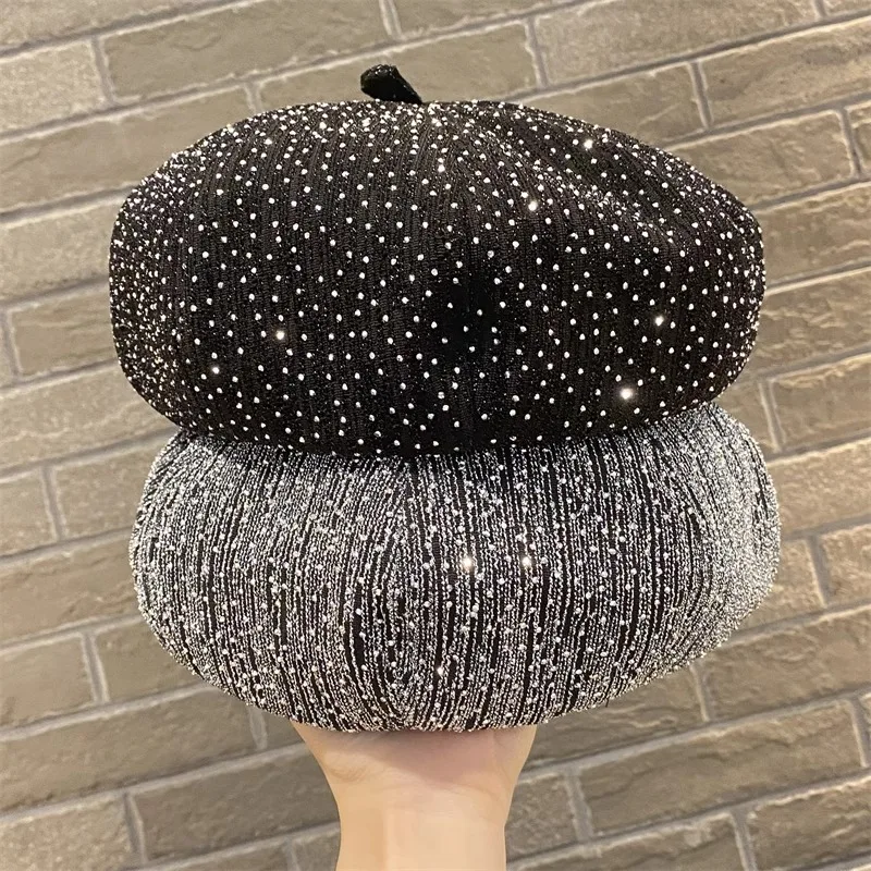 Korean handmade diamond trimmed beret for women in spring and autumn new shiny silk fashion artist hat cloud octagonal hat