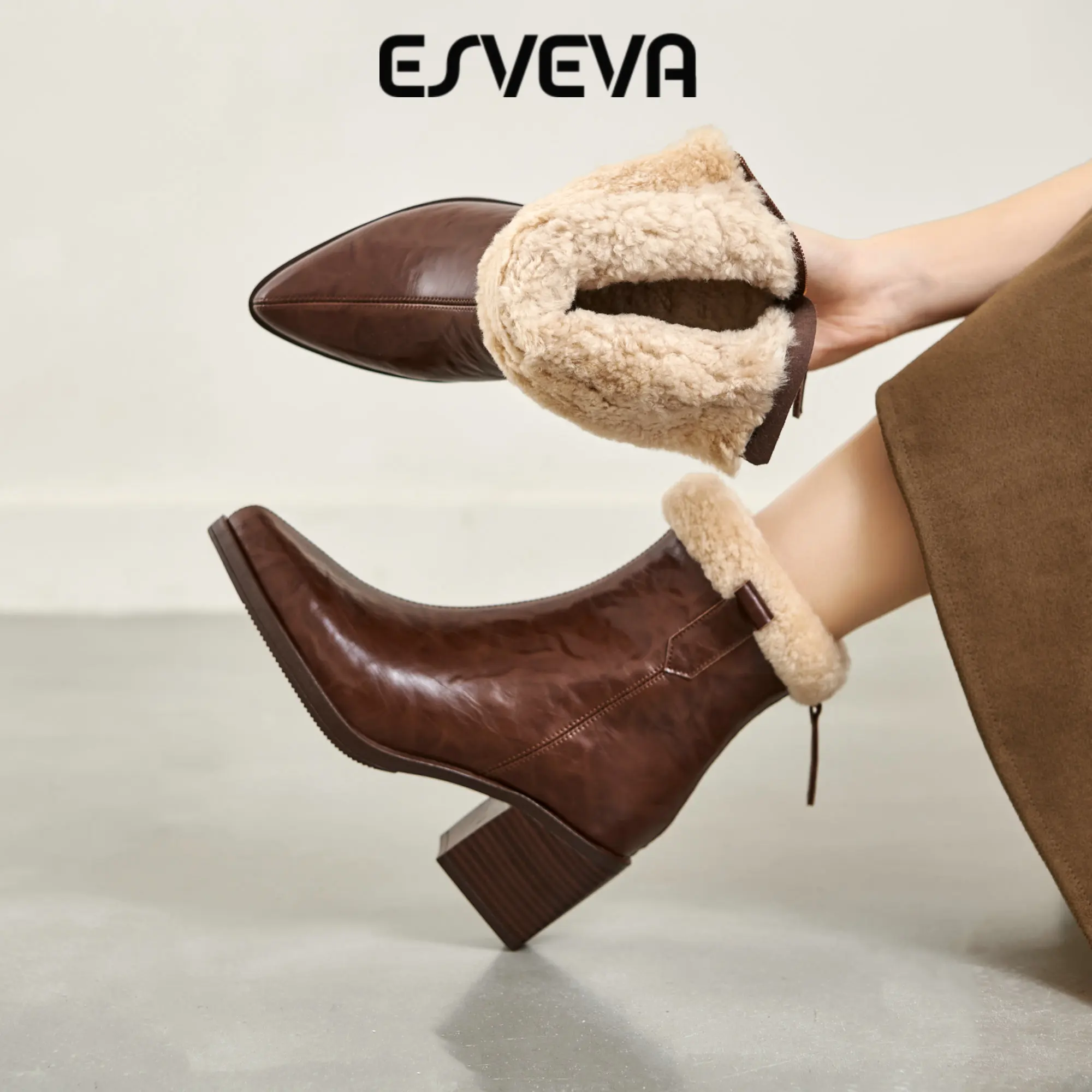 ESVEVA 2027 Fashion Winter Genuine Leather Wool Warm Women Ankle Boots Woman Snow Shoes Pointed Toe Zipper Short Boots 34-41