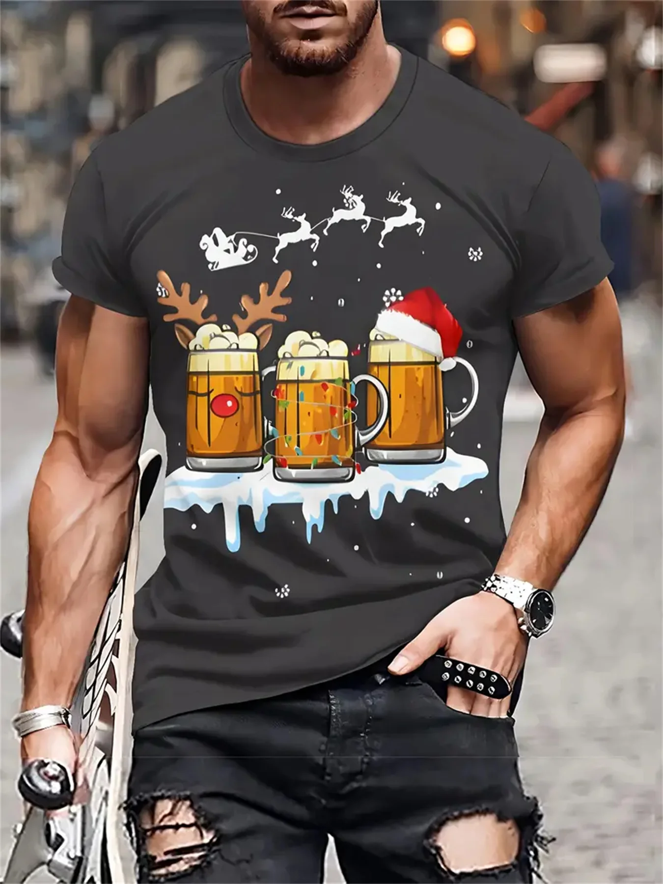 

Men's Christmas T-Shirt Casual Crew Neck Short Sleeve Tees Polyester Funny 3D Santa Claus Print Men's T-Shirt Halloween Clothes