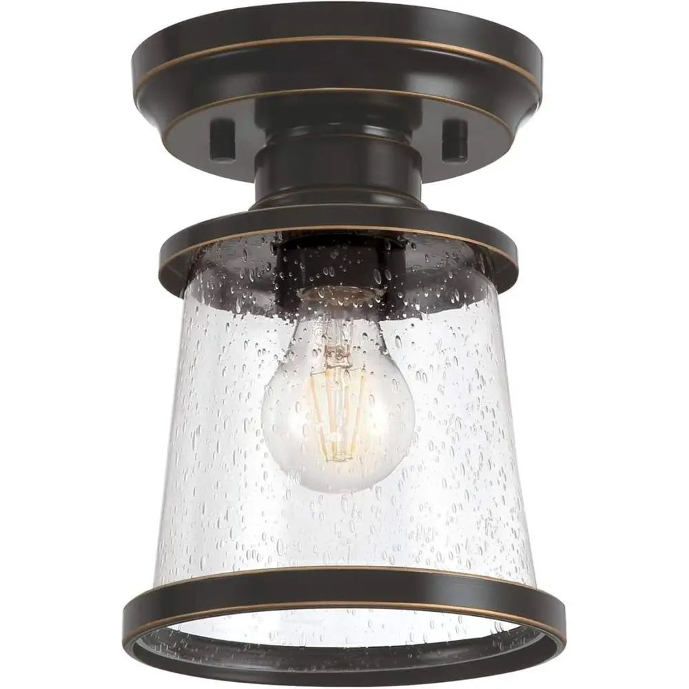 

6113000 Emma Jane 7 Inch Vintage-Style One-Light Outdoor Semi lush Mount Ceiling Light, Amber Bronze inish, Clear Seeded Glass
