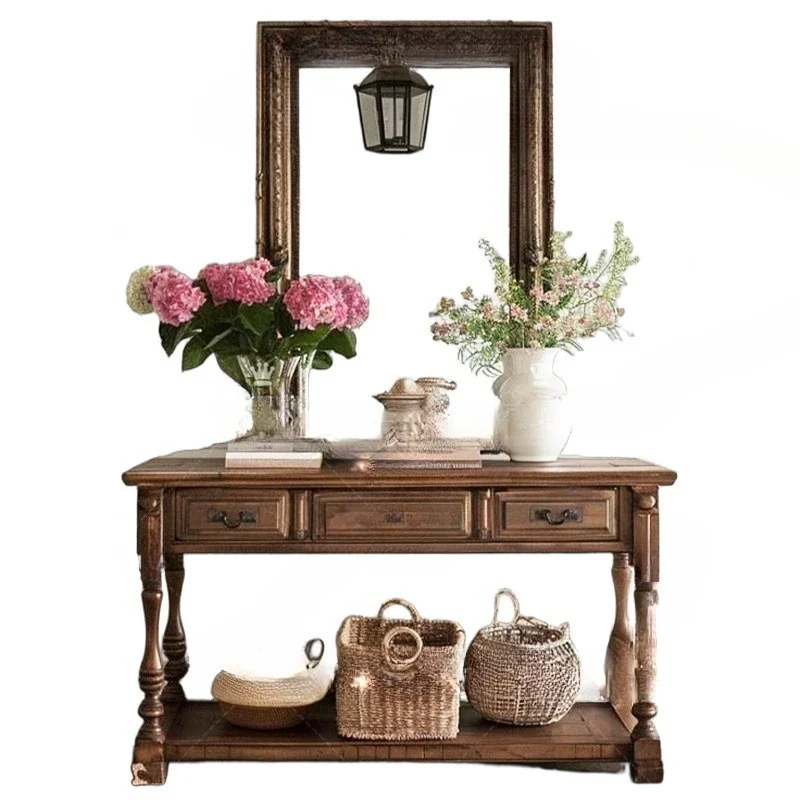 

French retro solid wood porch cabinet American retro decorative cabinet entrance foyer locker storage cabinet