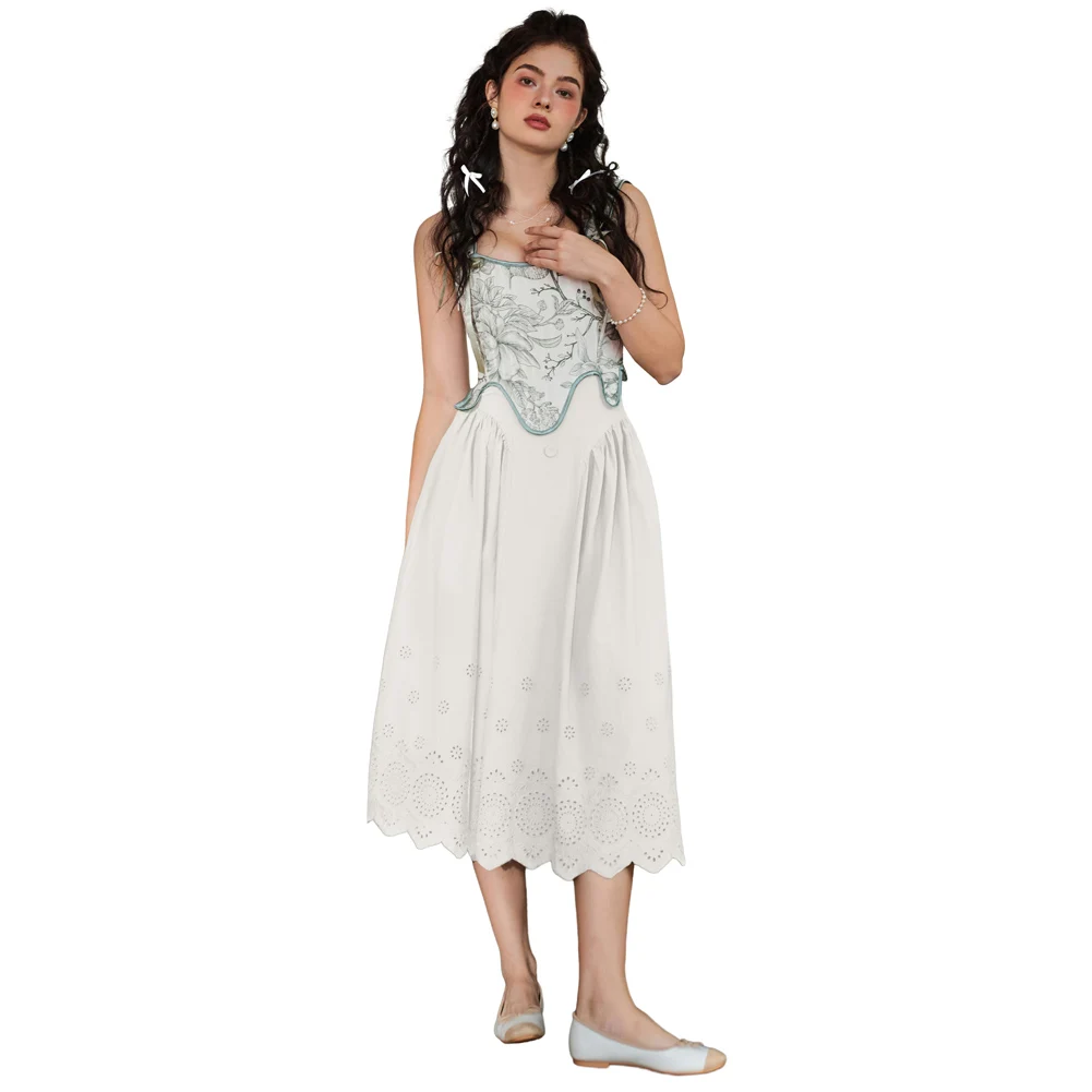 

Flared A Line Skirt with High Waist Smocked Back Waistline and Irregular Hemline in Renaissance Cotton for Women