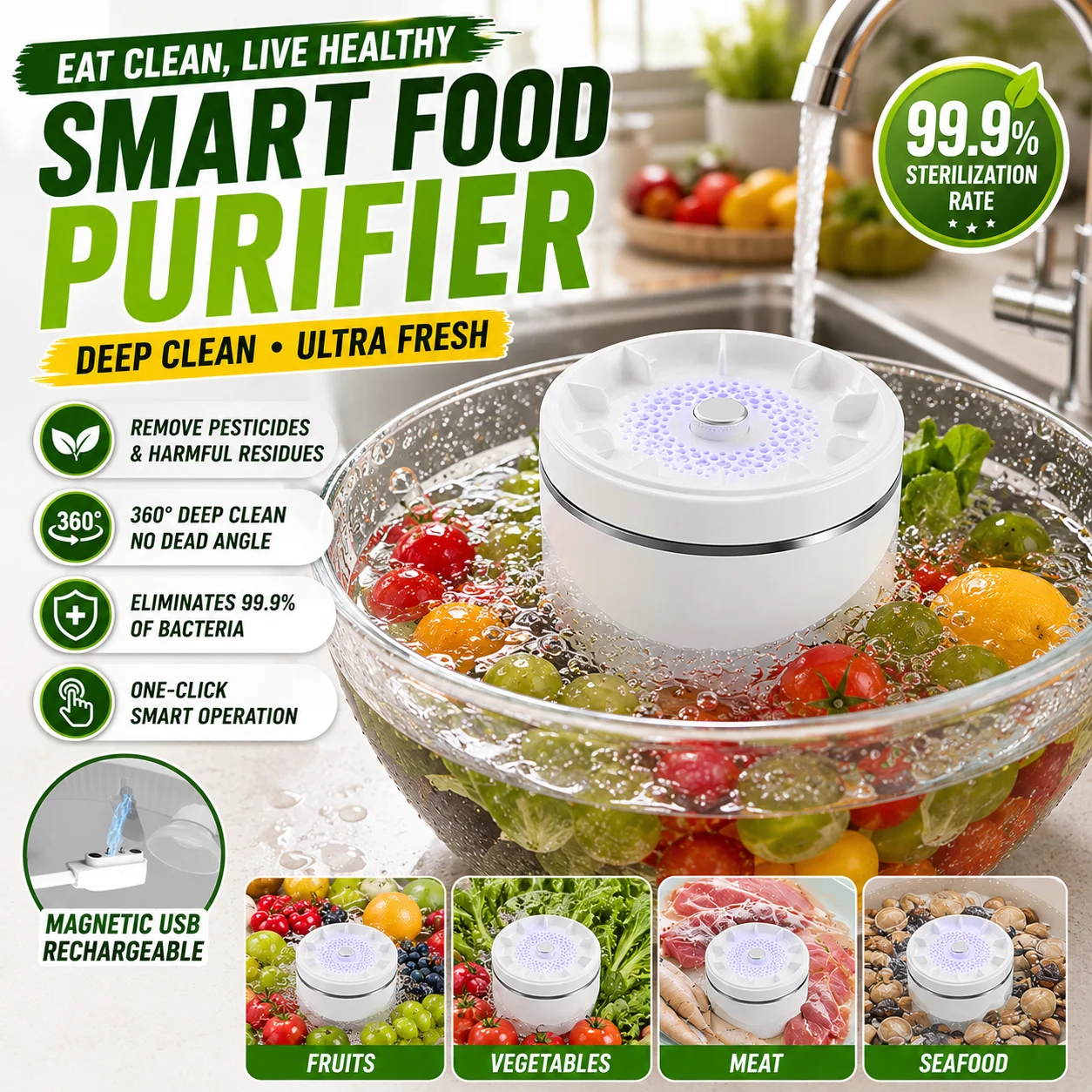 Machine de purification des aliments imperméable, nettoyeur ionique de fruits et légumes, élimine les pesticides résiduels et les bactéries pour le nettoyage des aliments