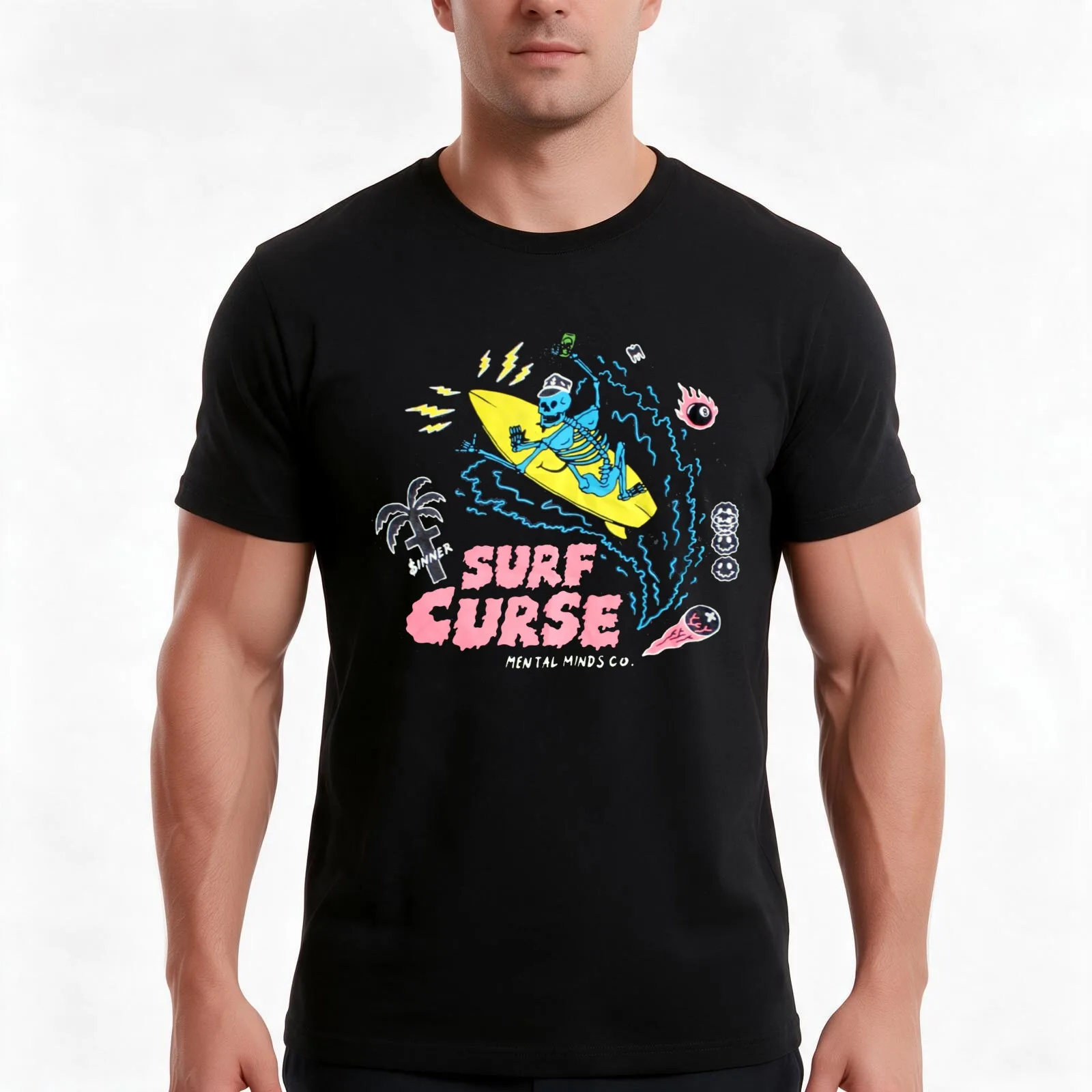 Freaks Surf Curse T-Shirt, Summer Casual Cotton Tee, Oversized Streetwear Tops, Vintage Graphic Print, Loose Fit Short Sleeve