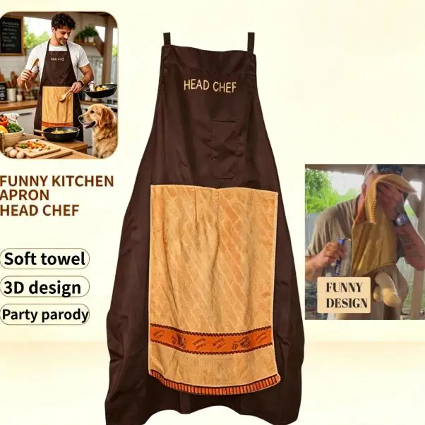 Head Chef Funny Prank Kitchen Apron With Soft Towel Pocket Novelty 3D Design, Waterproof Oilproof Cooking Bib Humor Gag Gift