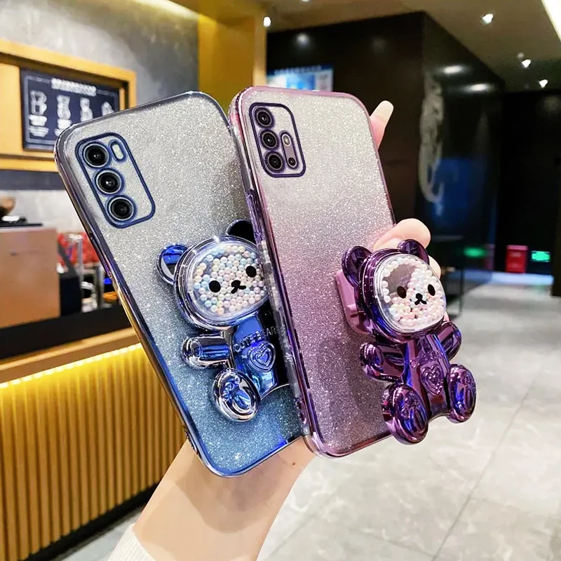 

Cute Bear Holder Bracket Glitter Plating Case On for Motorola Moto G60 G20 G30 G10 G22 G13 G23 G73 G53 G42 G32 G72 G62 G71 Cover