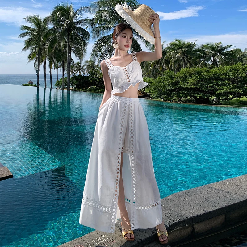 

Retro Vaion Sle Sexy Ruffle Heart Hollow out Strap Vest Skirt White Asymmetrical f Skirt Set Women's Spring Summer Dr