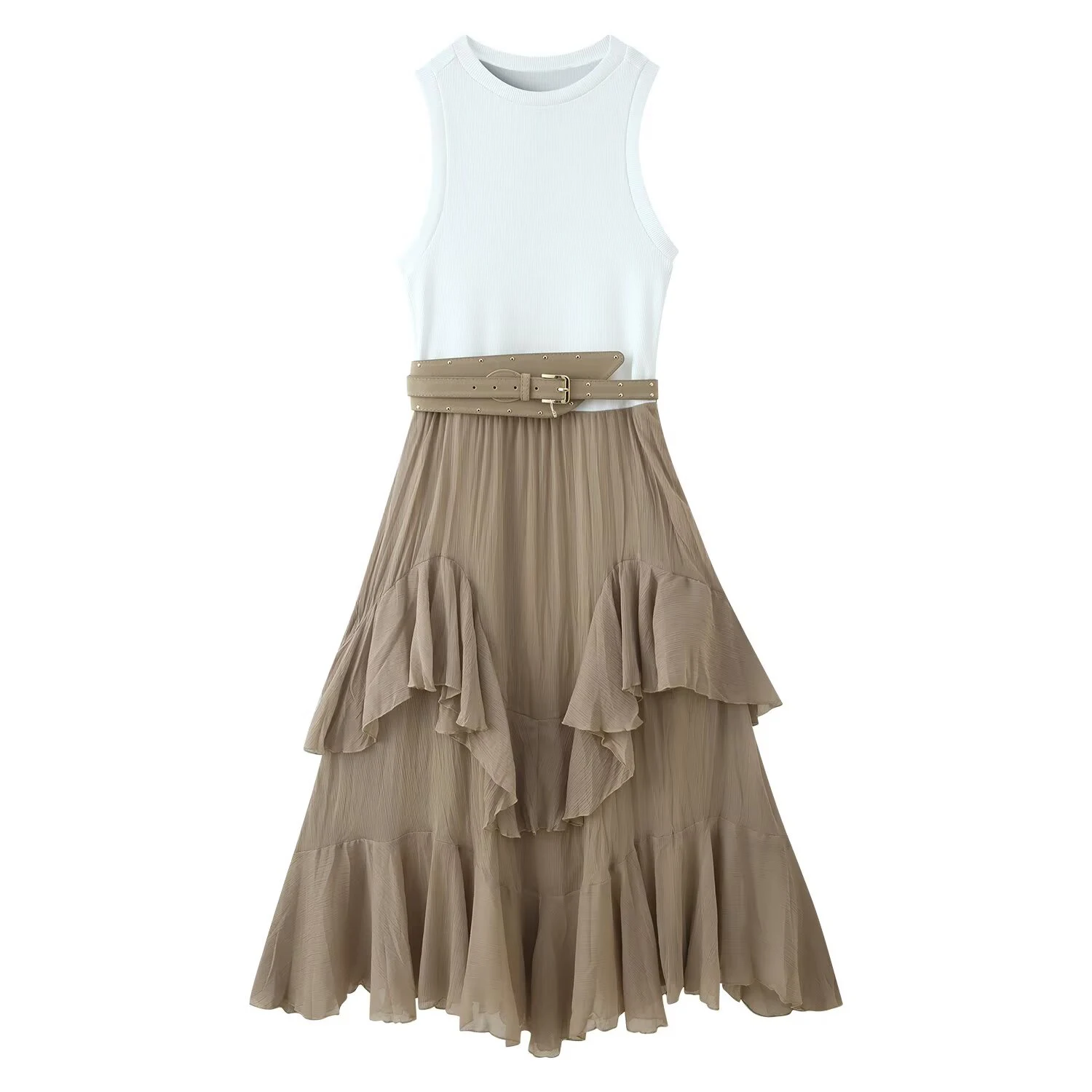 ZERAINS Dames lente/zomer nieuw product Veelzijdige mouwloze tanktopjurk met ronde hals en riem en opgestapelde split