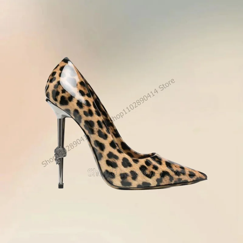 

Leopard Print Patent Leather Metal Heel Pointed Toe Pumps Slip On Women Shoes Thin High Heels Fashion 2023 Zapatos Para Mujere