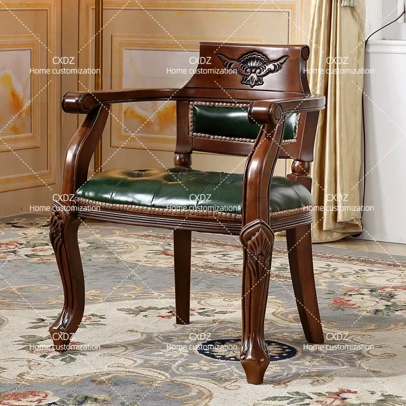 Retro Casual Leather Dining Chair with Solid Wood Frame Armrest Back Support for Home Study Office Restaurant Furniture
