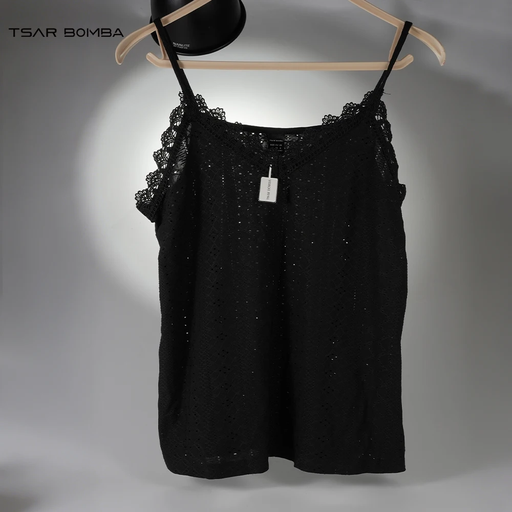 TSAR BOMBA Lace Black Tank Solid Color Design Strap Bottom Shirt