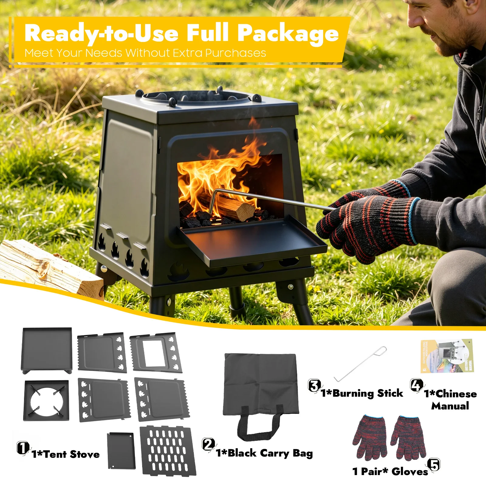 Schwarz/Grün Zeltkocher Tragbarer Windgeschützter Klappbarer Holzofen für Outdoor-Zelte mit Verstellbarem Topfhalter und Großem Einfülltisch – Detail 7