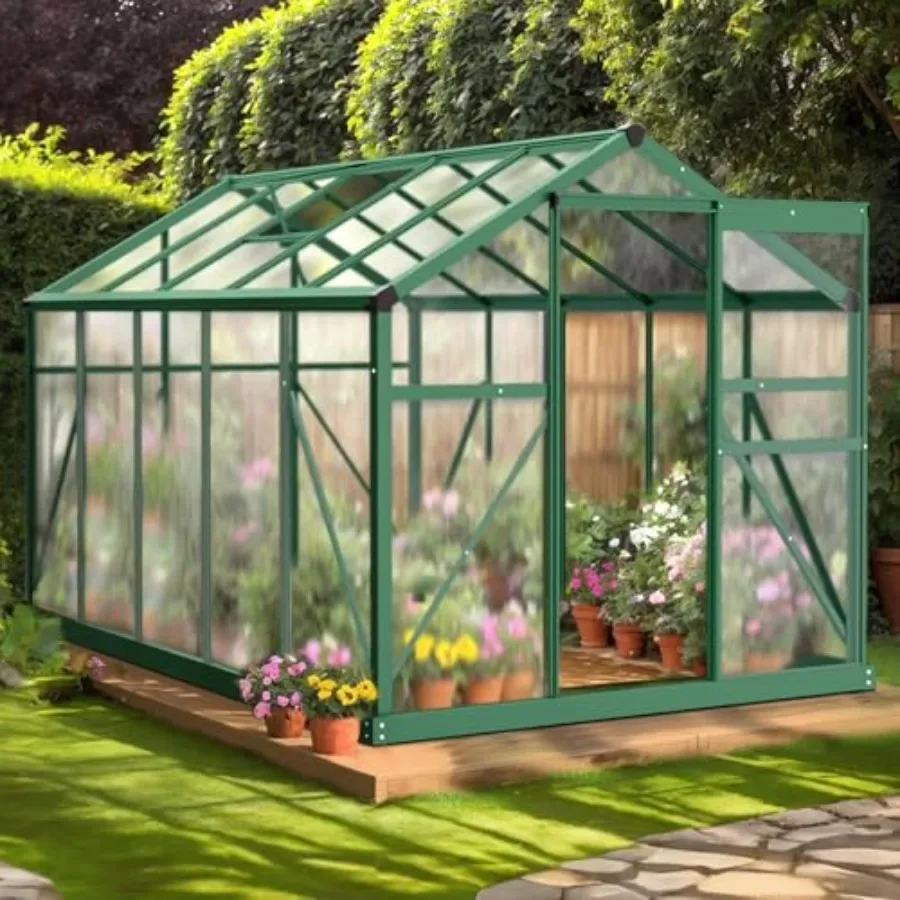 Greenhouse, 6x10 FT Heavy Duty Polycarbonate Greenhouse with 5 Roof Vents, Aluminum Frame, Sliding Doors, Green