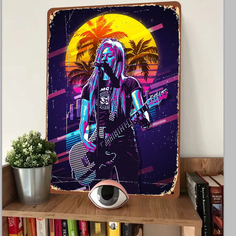 Rock Female Singer Guitar Performance Sunset City Silhouette Vintage Metal Tin Sign Home Decor Wall Art