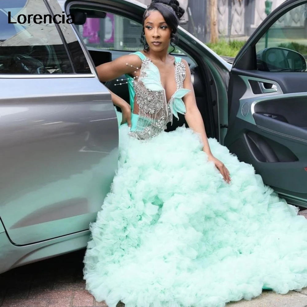 Customized Mint Green Ruffles Mermaid Prom Dress Silver Beaded Rhinestone For Black Girls Birthday Party Gala Gown YPD172