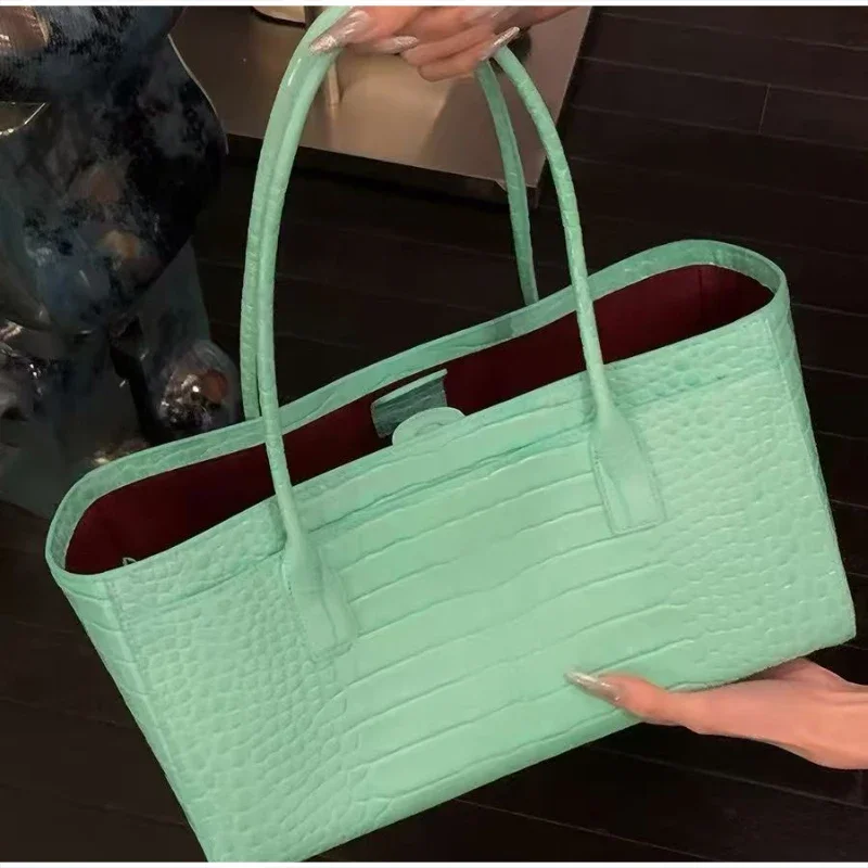 Handtasche mit Krokodilleder-Prägung und Obergriff, Luxuriöse Grüne Tragetasche, Vielseitige Schicke Alltags-Schultertasche für Frauen – Detail 14