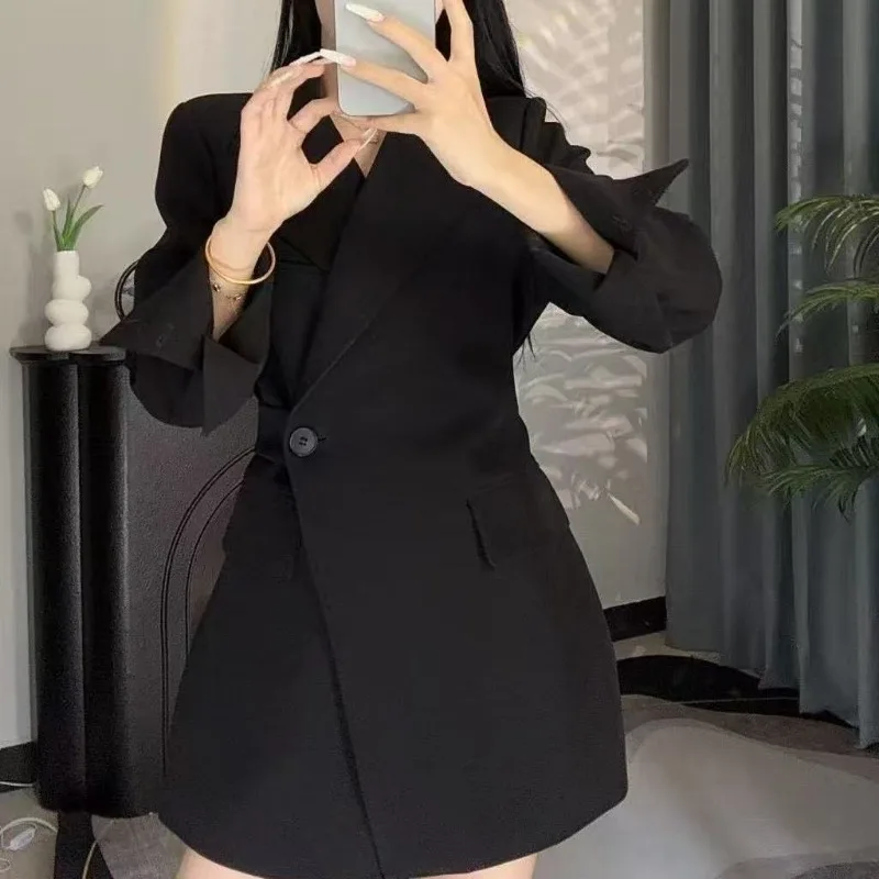 Women's Solid Color Lapel Button Long Sleeve Cardigan Jacket Suit Fashionable Formal Commuting Top