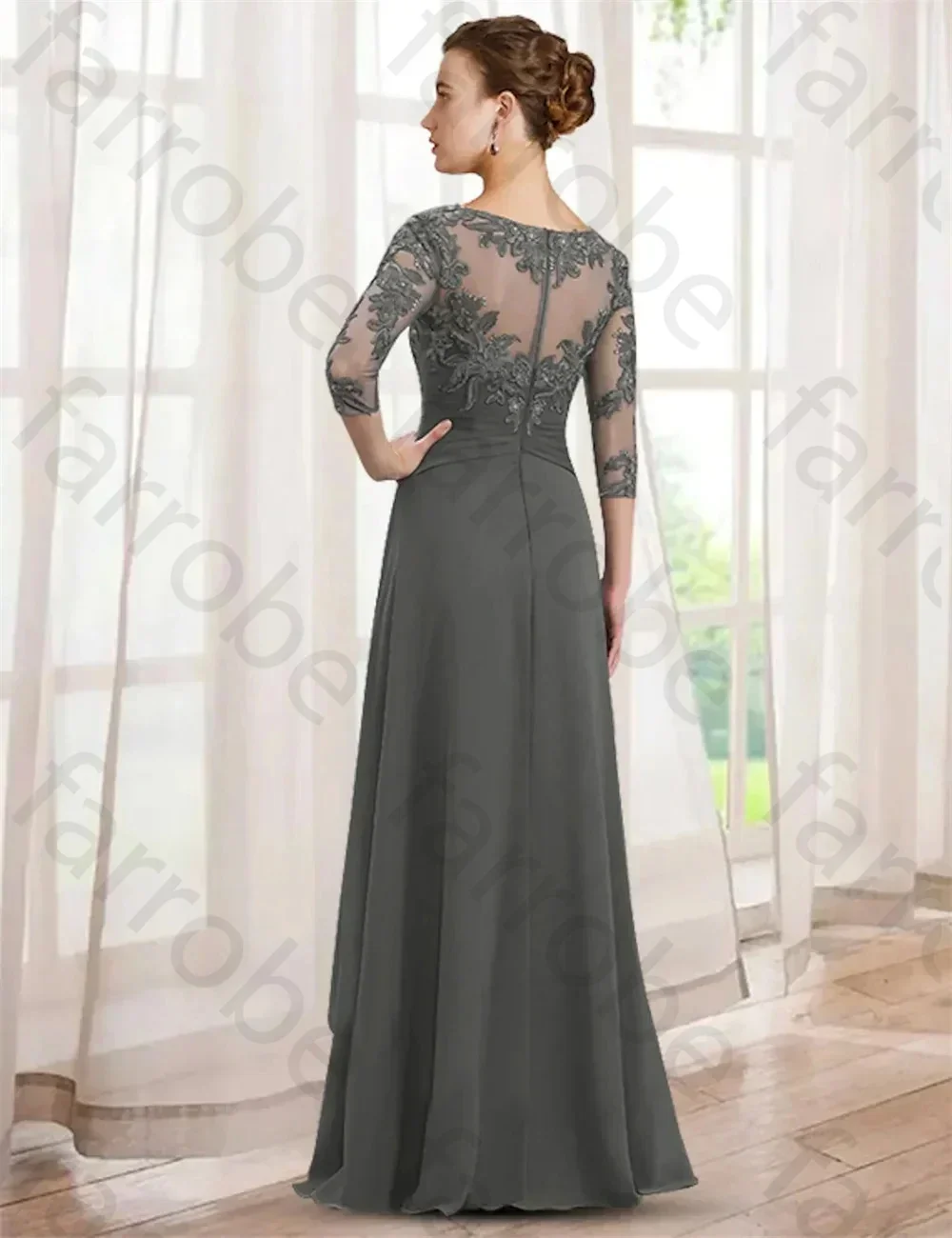 فساتين أم العروس المخصصة فستان أنيق لحفلات الزفاف 3/4 كم طول الأرض دانتيل مع كشكشة مزينة بفساتين