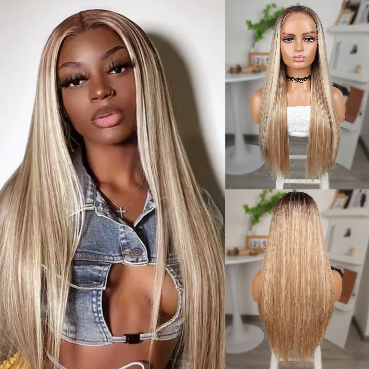 13*4 Lace Deep Part Synthet Silky Blonde Ynthetic Front Wig 26inch Straight Preplucked Hairline Hd Lace with babyhair Ombre